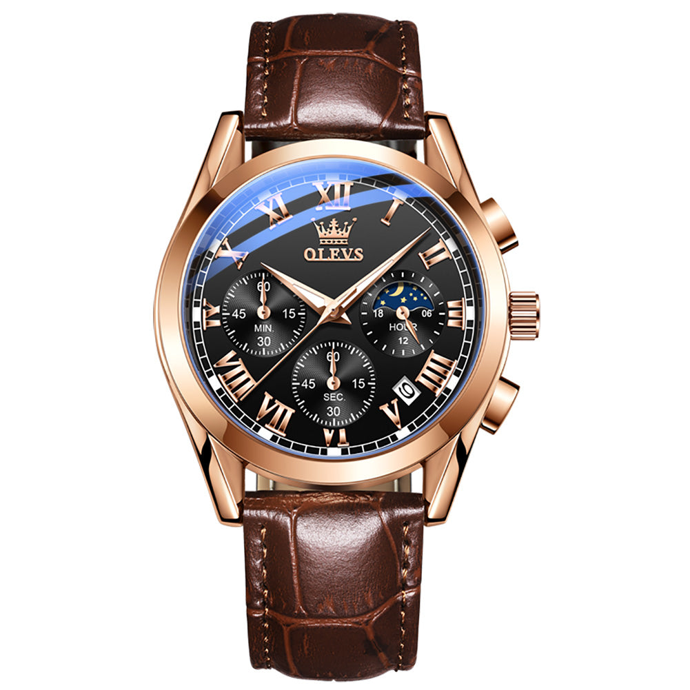 12 Men's Fashion Round Quartz Watch With Leather Strap