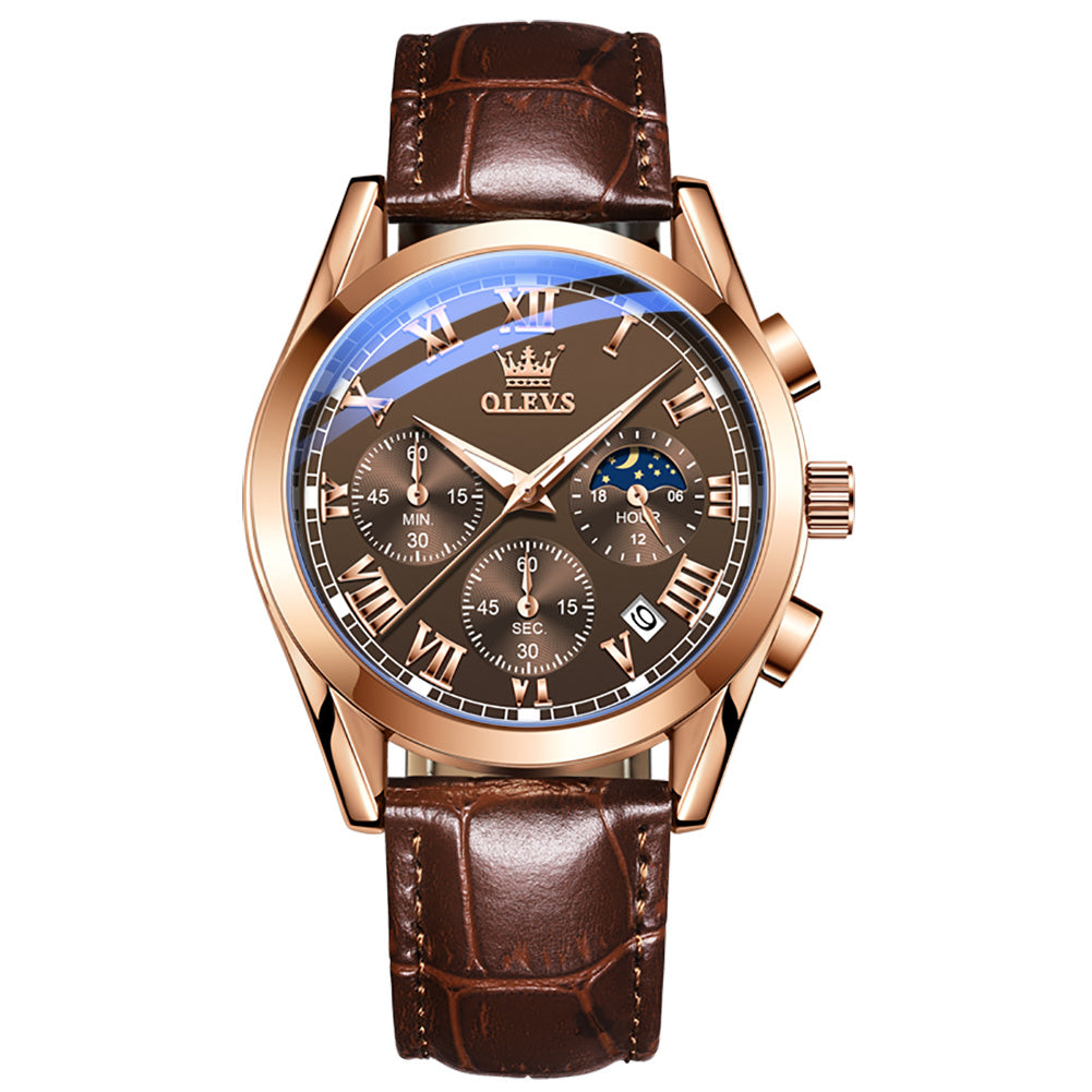 12 Men's Fashion Round Quartz Watch With Leather Strap