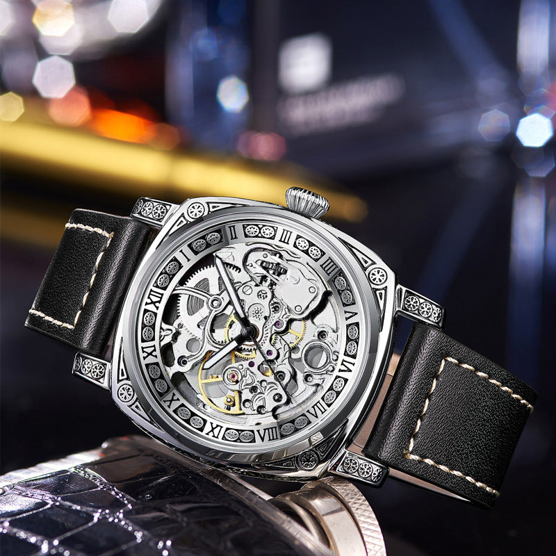 46 Men's Hollow Out Automatic Automatic Watch With Leather Band