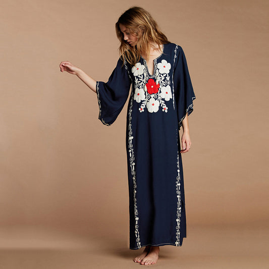 Embroidered Floral Kaftan Dress