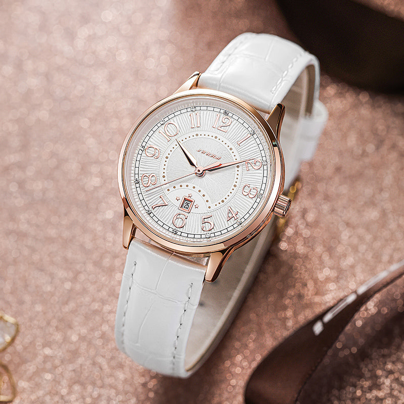 Women's Fashion White Leather Strap Quartz Watch